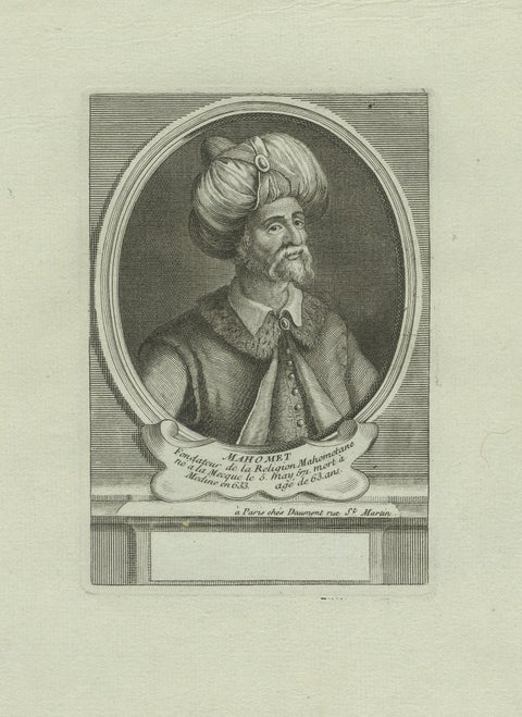 Prophet Muhammad (Mahomet), 18th Century Paris Engraving by Daumont, c.1770
