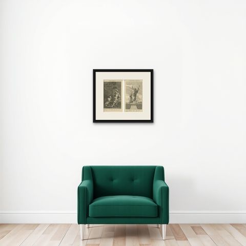 Biblical Engravings, Christ’s Resurrection & St. Andrew the Apostle (1735), shown framed on a wall, true to size