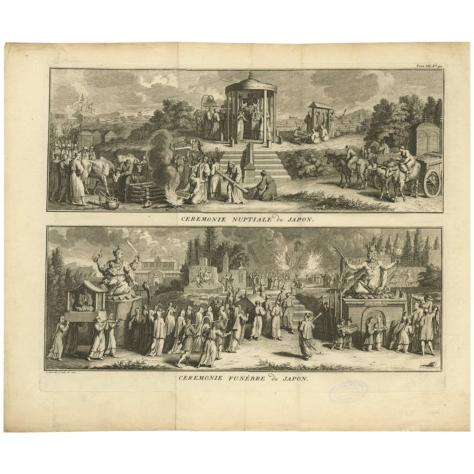 Antique Print of Japanese Wedding and Funeral Ceremonies by B. Picart, c.1730
