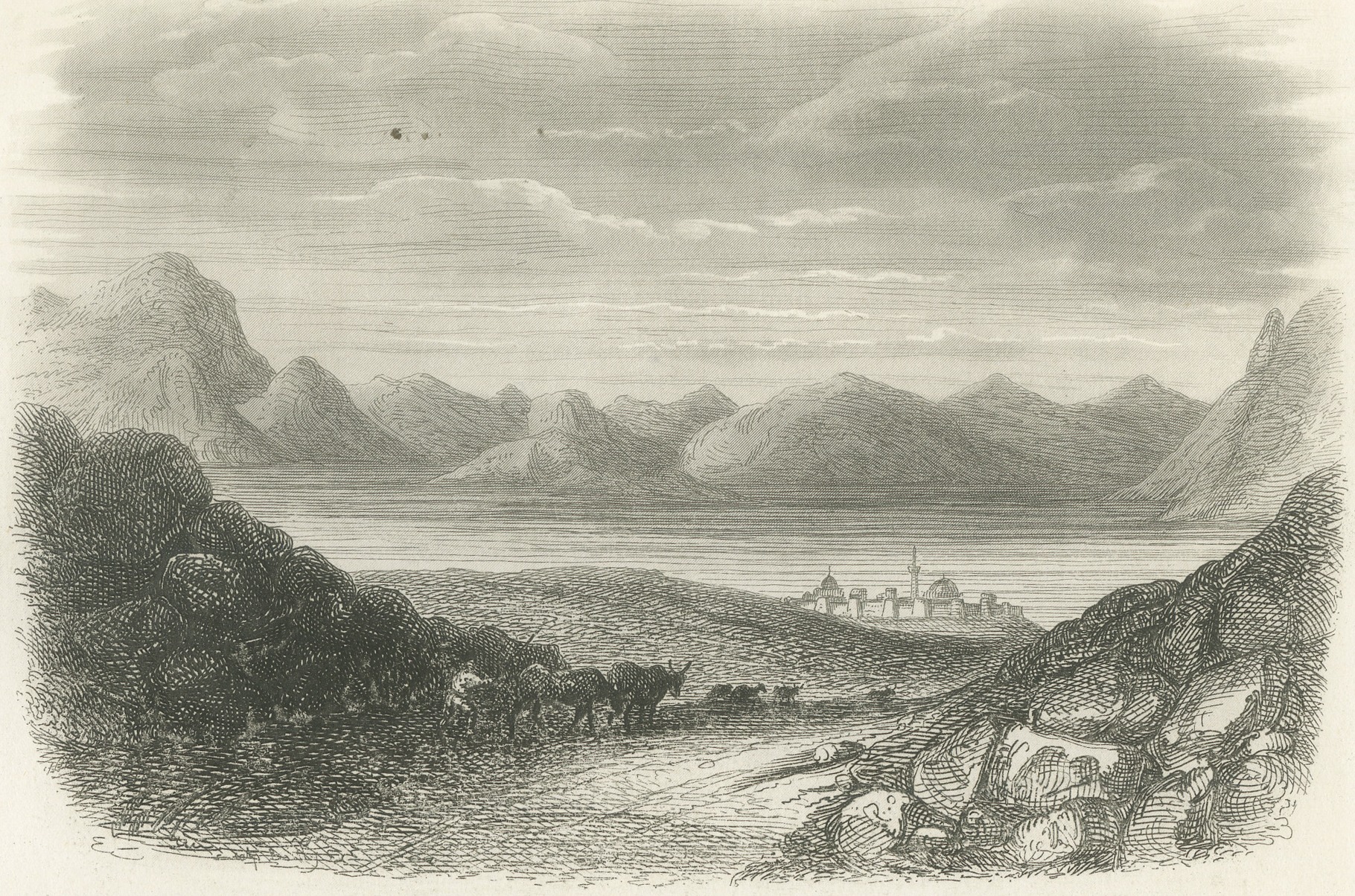 Sea of Galilee at Tiberias and Walls of Jerusalem, Antique Print, 1859, view 3