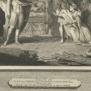 Judith Before Holofernes and Judith Beheads Holofernes, Mortier circa 1700, close-up 2