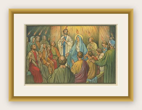 Antique Religion Print of the Descent of the Holy Spirit, 1913, shown framed