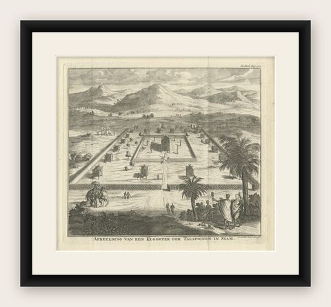 Antique Print of a Monastery of the Talapoin in Siam (Thailand), 1739, shown framed