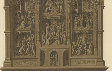 Carved Oak Retable of 1504 from Saint Bavon, Ghent, Antique Print, 1851, close-up 2