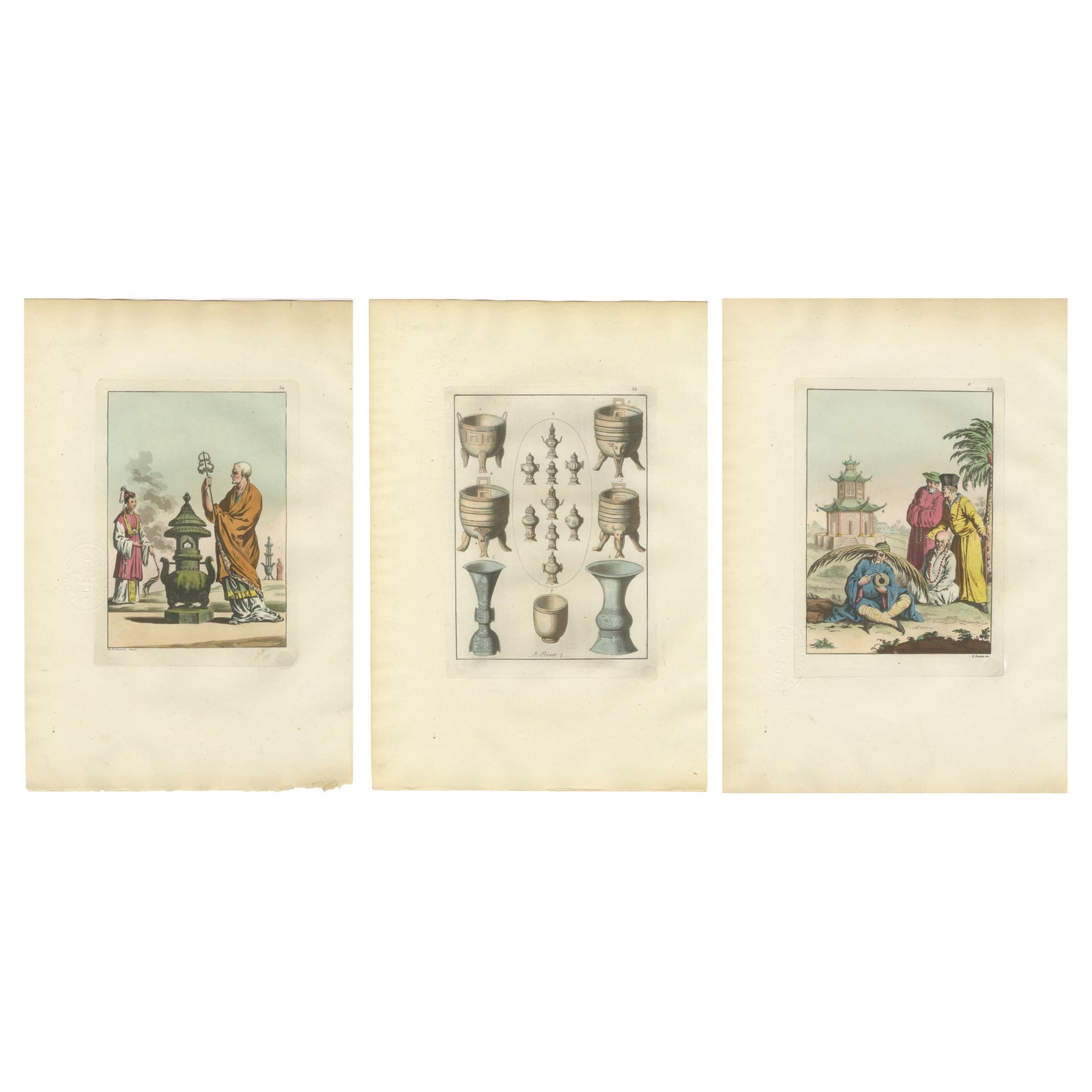 Chinese Costume and Ritual Scenes, Set of Three Ferrario Engravings, Italy 1815