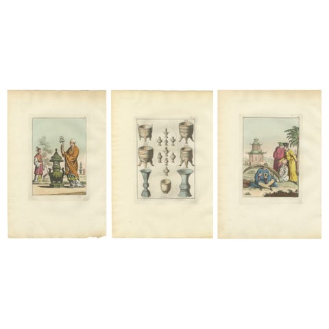 Chinese Costume and Ritual Scenes, Set of Three Ferrario Engravings, Italy 1815