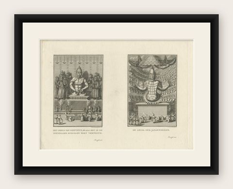 Religious Antique Engravings of Confucius and Buddha Amida in Japan, ca.1782, shown framed