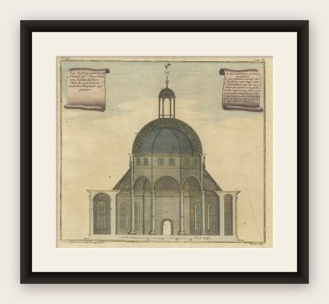 Old Antque Pirint of the New Dutch Church of Batavia 'Jakarta, Indonesia', 1744, shown framed