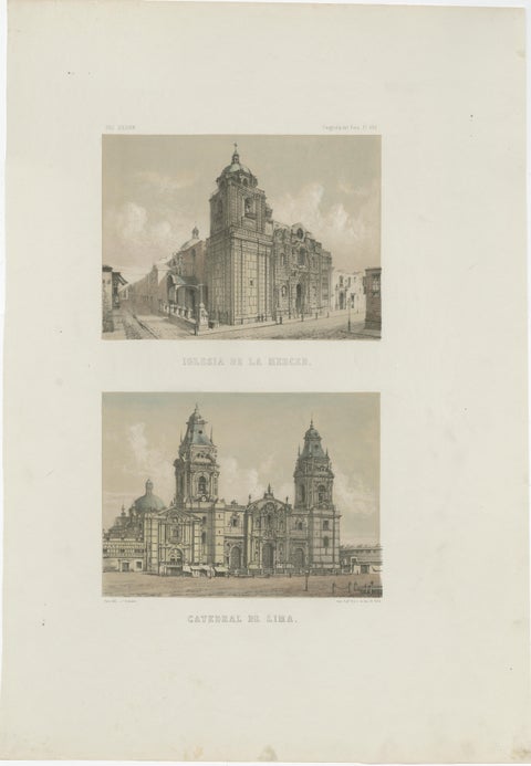 Hand-colored lithograph views of the Cathedral and La Merced Church, Lima, 1865, view 2