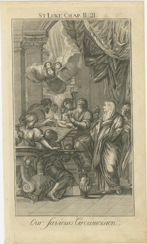 Old Biblical Engravings, Luke: Simon, Simeon’s Prophecy & Circumcision, c.1735, view 4