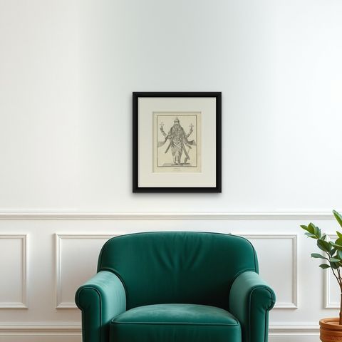 1806 Engraving: Vishnu's Divine Majesty in Hindu Iconography, shown framed on a wall, true to size
