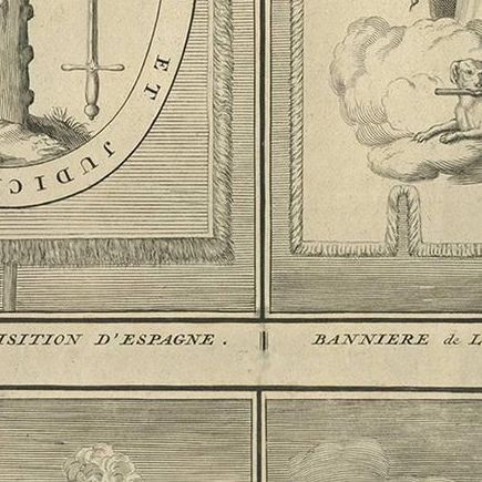 Antique Print of Inquisition Banners and Religious People by B. Picart, 1722, close-up 1