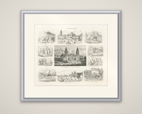Original Antique Print of Peru, Bolivia & Chile, Lima Cathedral and Views, 1855, shown framed