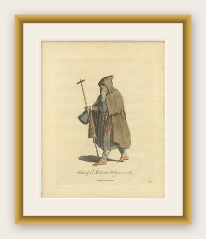 Mendicant Religious Costume Engraving, Pilgrim Monk, 1588, Published in 1749, shown framed