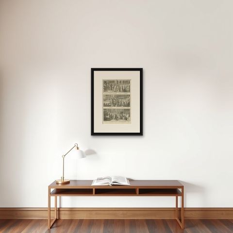 Holy Week and Candlemas Rites, 1734 Engraving of Catholic Liturgical Scenes, shown framed on a wall, true to size