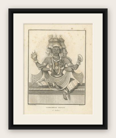 Rare 1806 Trimurti Trinity Antique Print, Hindu Deity Engraving Collectible, shown framed
