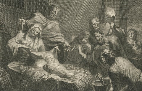 Census of Bethlehem & Christ’s Nativity, Mortier Engraving, 1700s, close-up 2