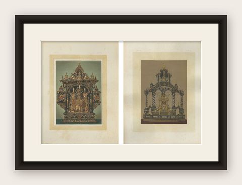 Pair Bavarian Royal Chapel Altar Shrines Chromolithographs, Munich, 1874, shown framed