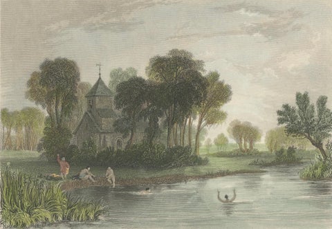 Hand-colored Engraving of Dorney Church in Buckinghamshire, England, 1835, close-up 3