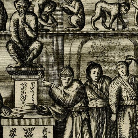 Antique Engraving with a Description of the Monkey Temple in Japan, 1669, close-up 2
