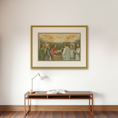 Antique Religion Print of the Seven Sacraments, Baptism, 1913, shown framed on a wall, true to size