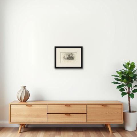 Antique Print of a Hindu Ritual by D'Urville, '1853', shown framed on a wall, true to size