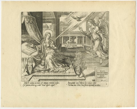 Mary Visited by an Angel, Antique Biblical Engraving, Visscher, 1674, view 2