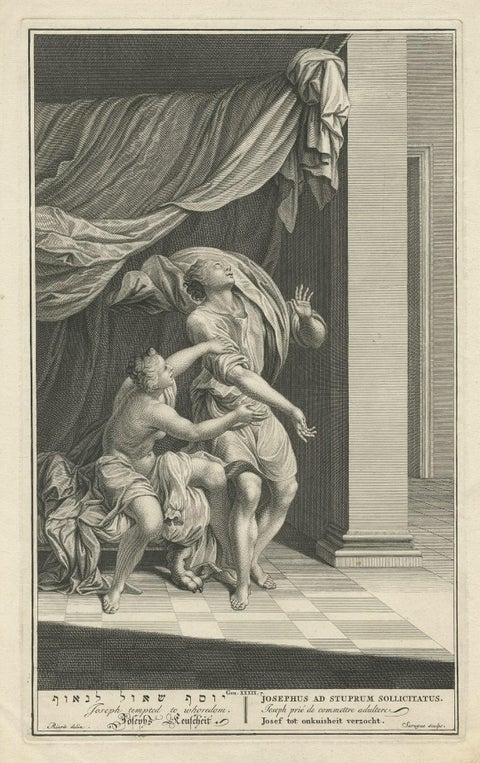 Old Original Engraving of Joseph Tempted to Whoredom, 1728, close-up 1