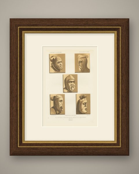 Carved Stall Heads at Vitteaux, Côte d'Or, Antique Print, 1851, shown framed