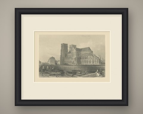 Notre Dame Cathedral, Paris, Antique Steel Engraving after T. Allom, circa 1850, shown framed