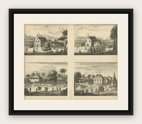 Antique Print of the Churches of Kopay, Poutour, Navacouli and Chavagatzeri, shown framed