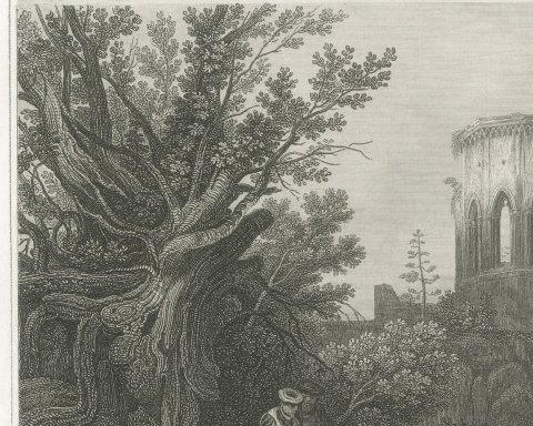 Ruins at Samaria, Palestine, Antique View with Hunter and Agaves, circa 1850, close-up 1