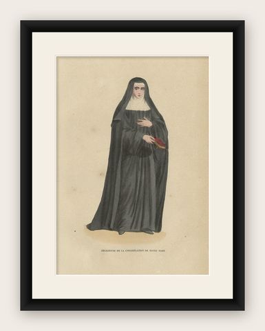 Antique Print of a Nun of the Canonesses of St. Augustine, 1845, shown framed
