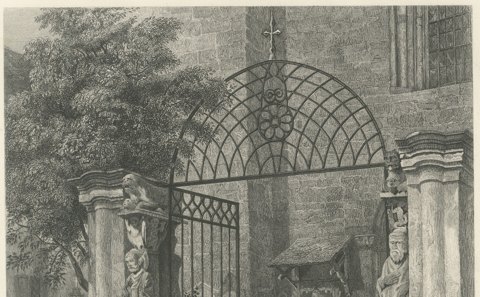 Cathedral Gateway, Chur, Antique Steel Engraving after S. Hodson, circa 1876, close-up 1