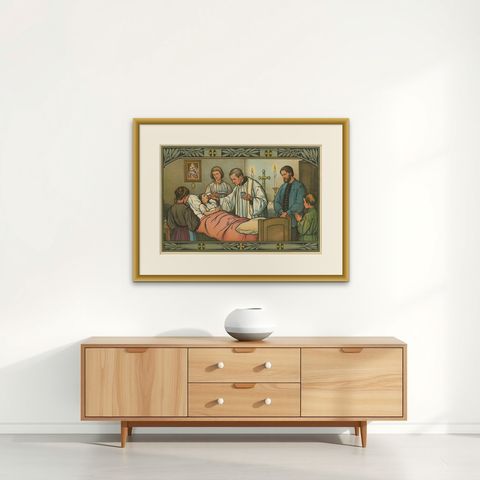 Antique Religion Print of the Seven Sacraments, Anointing of the Sick '1913', shown framed on a wall, true to size