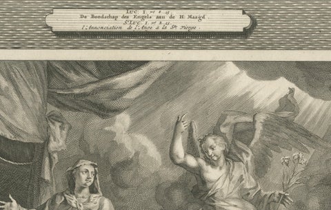 Antique Christian Art Print, Annunciation of Mary & Visitation, Mortier 1700, close-up 4