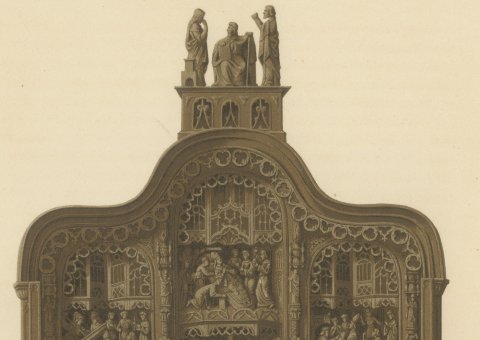 Carved Oak Retable of 1504 from Saint Bavon, Ghent, Antique Print, 1851, close-up 1