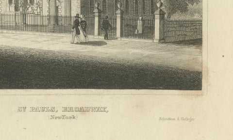 St Paul’s Broadway New York, Antique Engraving Church View, ca.1850, close-up 6
