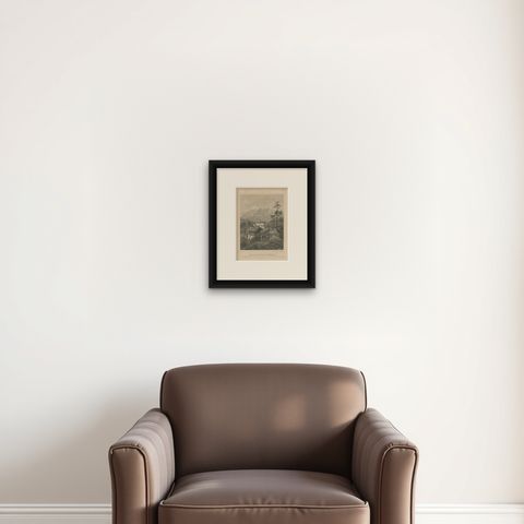 Antique Print of the Village and Monastery of Pfäfers, Switzerland, shown framed on a wall, true to size