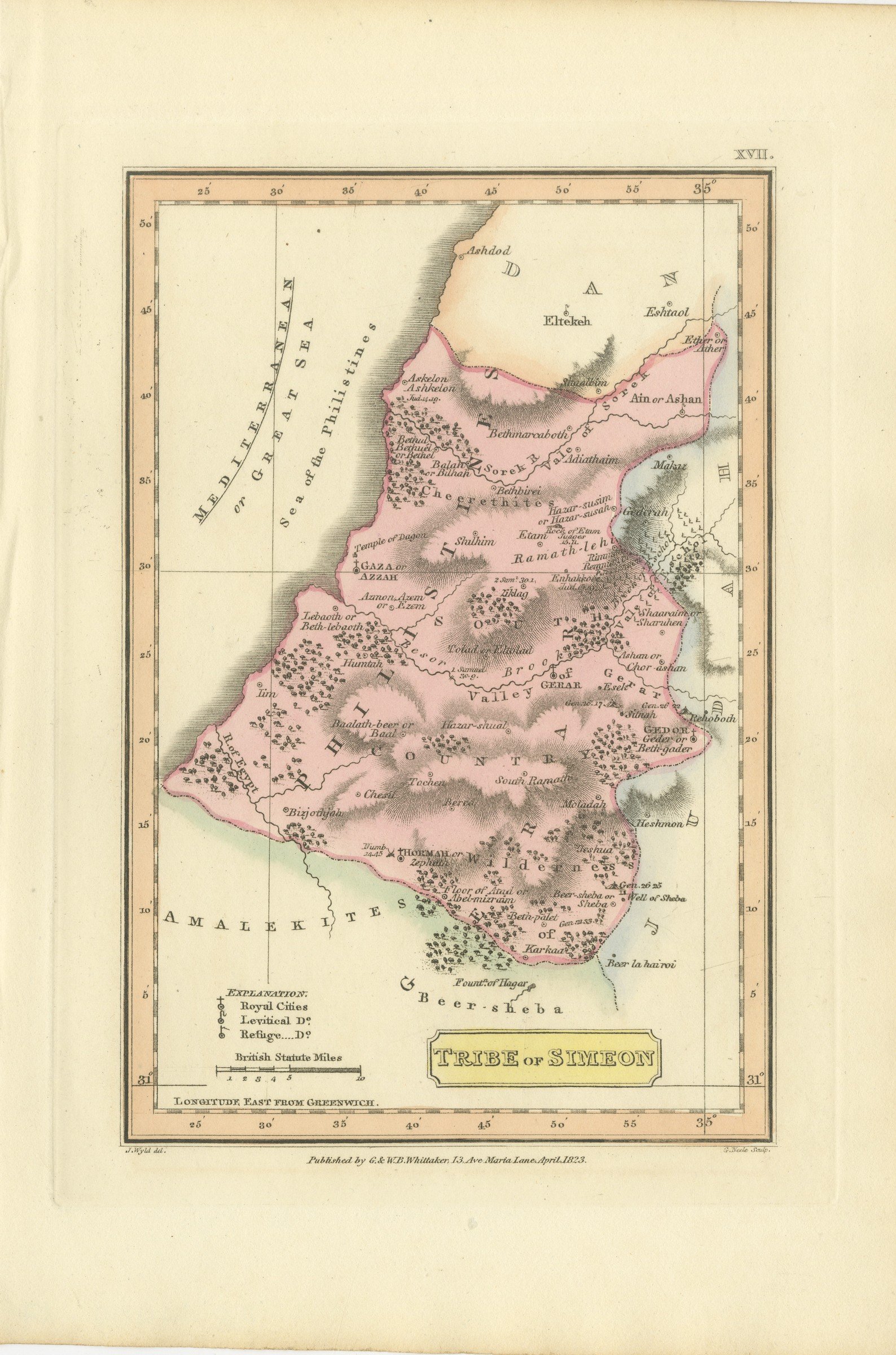 Antique Map of the Tribe of Simeon and the South Country, Wyld, 1823