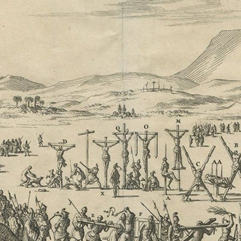 Engraving of Roman Punishments of Mass Crucifixion Outside the City Wall, 1690, close-up 3
