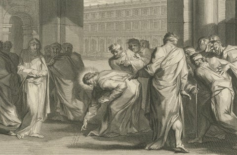 Biblical Engravings, Christ, The Adulterous Woman & The Stoning of Stephen 1700, close-up 4