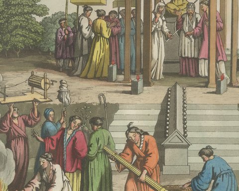 Original Antique Japanese Wedding Ceremony, Hand-Colored Ferrario Print, 1815, close-up 1