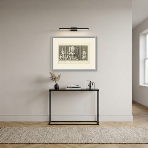 Sculptures of the Elephanta Caves at Stations 1 to 3, Antique Print, 1780, shown framed in a room, true to size