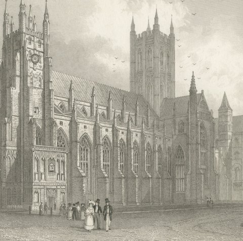 Canterbury Cathedral, Kent, after T. M. Baynes, Antique Steel Engraving, 1837, close-up 3