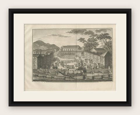Nagasaki Japan Procession, Antique Engraving, 1812, shown framed