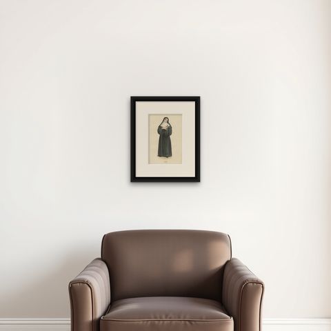 Print of an Ursuline Sister, of an Enclosed Religious Order of Consecrated Women, shown framed on a wall, true to size