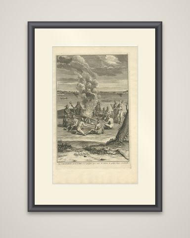 Antique Print of a Gathering Around a Fire in Virginia by B. Picart, 1721, shown framed