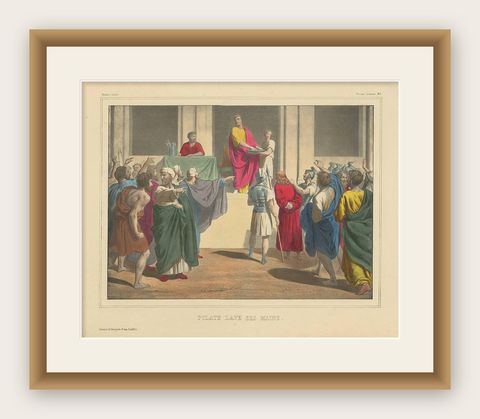 Antique Religious Print 'No. 33' Pilate Washing His Hands, circa 1840, shown framed