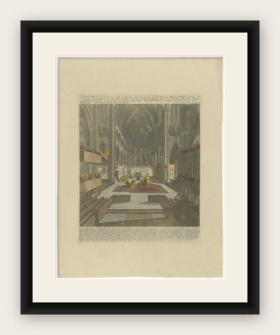 Westminster Abbey Interior Prepared for a Royal Coronation, Hand-Coloured, 1720, shown framed